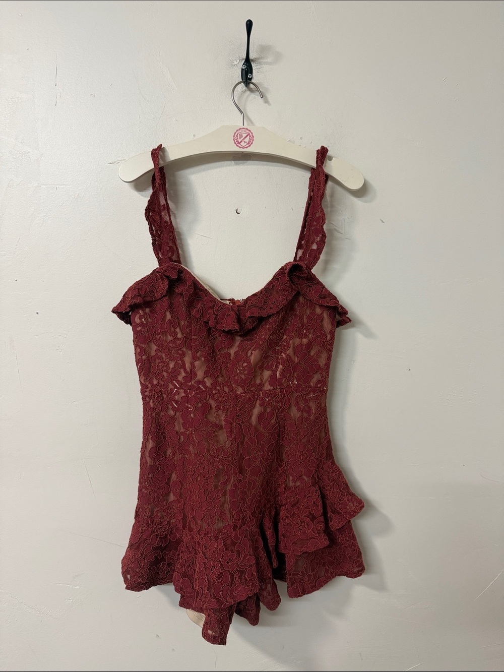 Ruffled Lace Romper in Burgundy